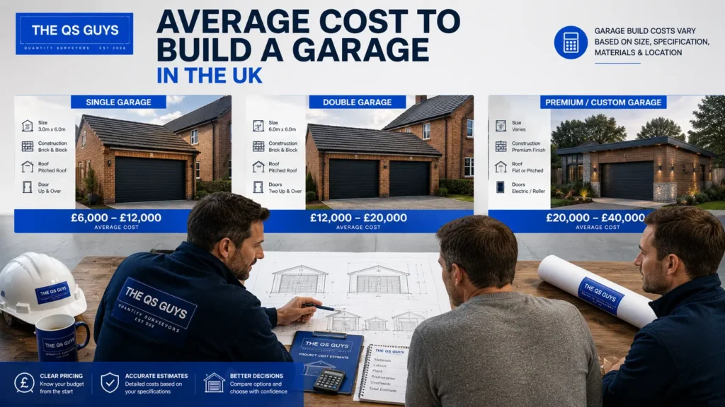 Average garage construction costs in the UK for different garage sizes.