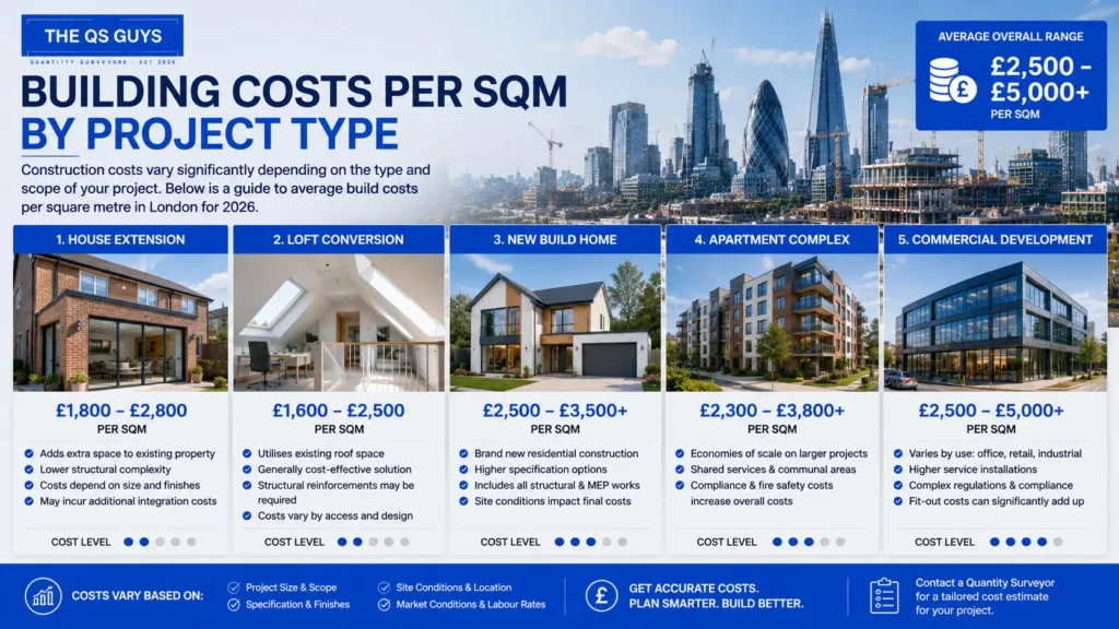 Building costs per sqm by project type in London