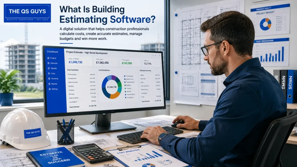 Construction professional using building estimating software for project cost planning