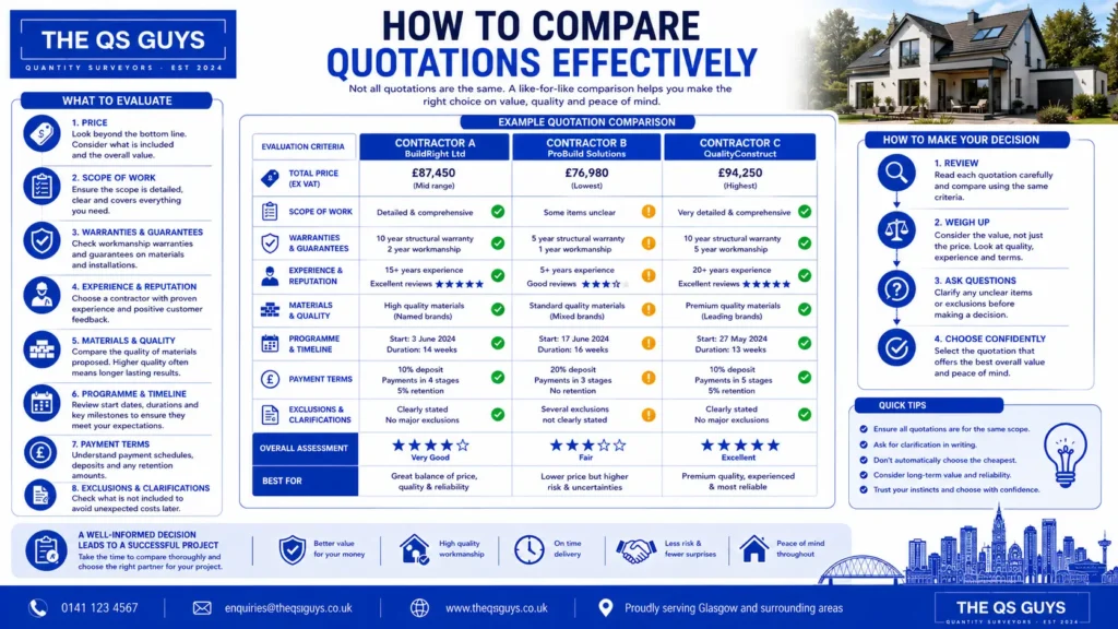 Comparing contractor quotations based on value, scope, and experience.