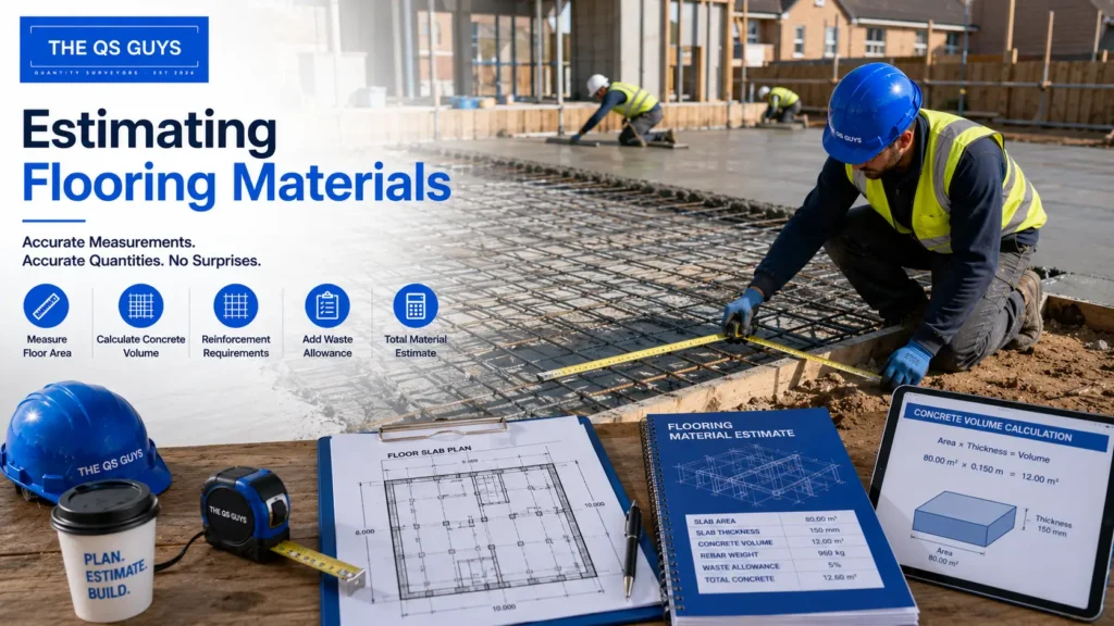 Calculating concrete floor slab materials for home construction.