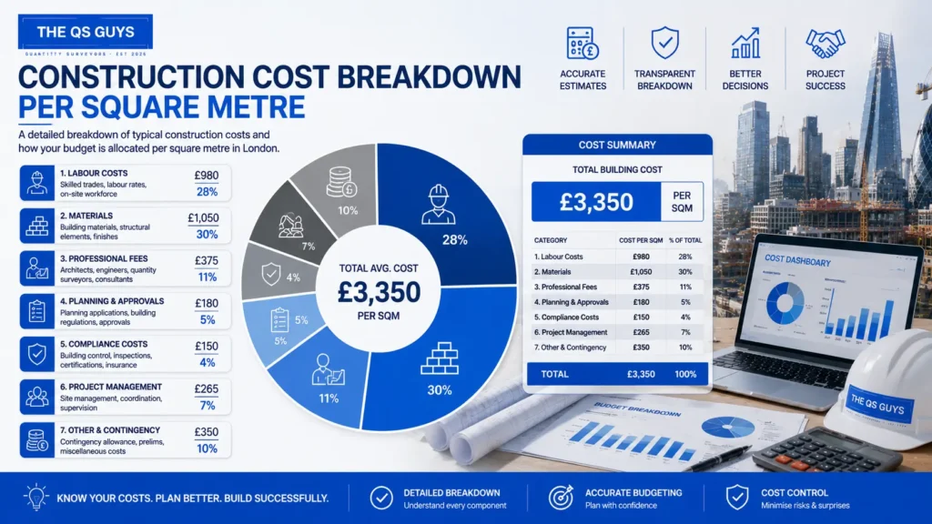 Construction cost breakdown per square metre in London