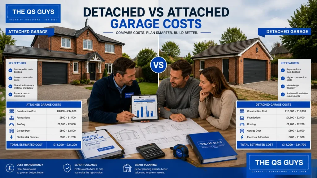 Comparison of detached and attached garage construction costs in the UK.