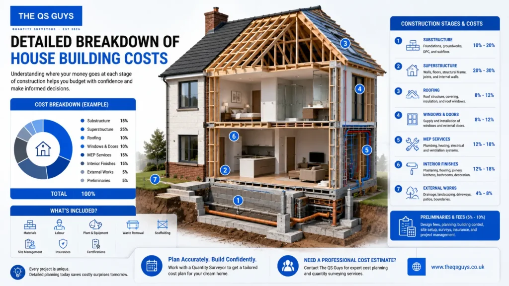 Detailed house construction cost breakdown for UK residential projects.