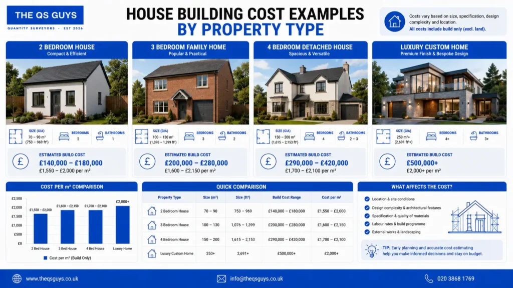 House building cost examples by property type in the UK.