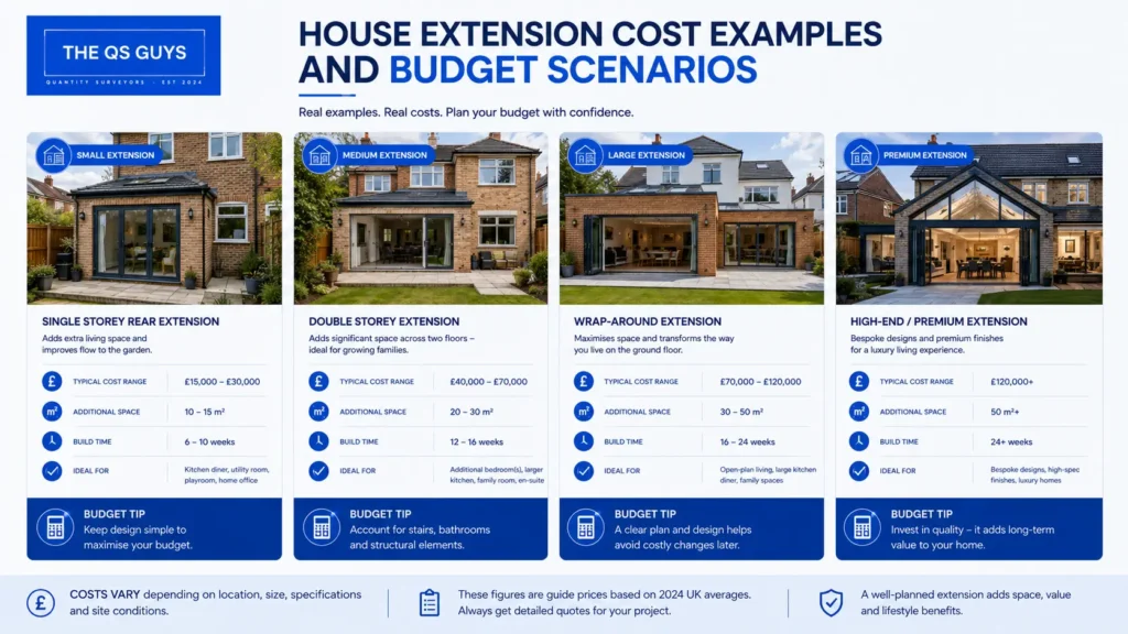 House extension cost examples and budget scenarios in the UK
