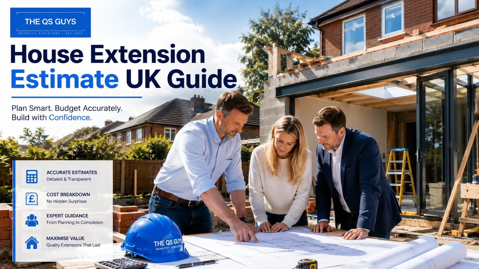 House extension estimate UK planning and construction project with architect and homeowners