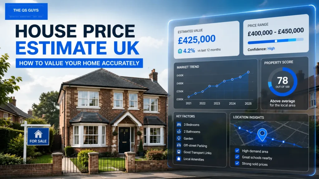 House price estimate UK showing digital property valuation and market analysis.