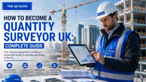 Quantity surveyor reviewing construction plans and project costs in the UK