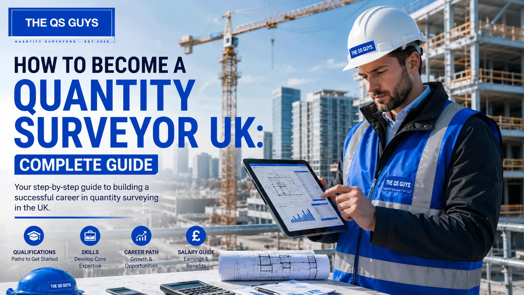 Quantity surveyor reviewing construction plans and project costs in the UK