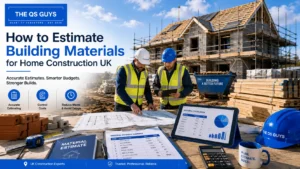 How to estimate building materials for home construction UK with builders reviewing plans and material quantities.