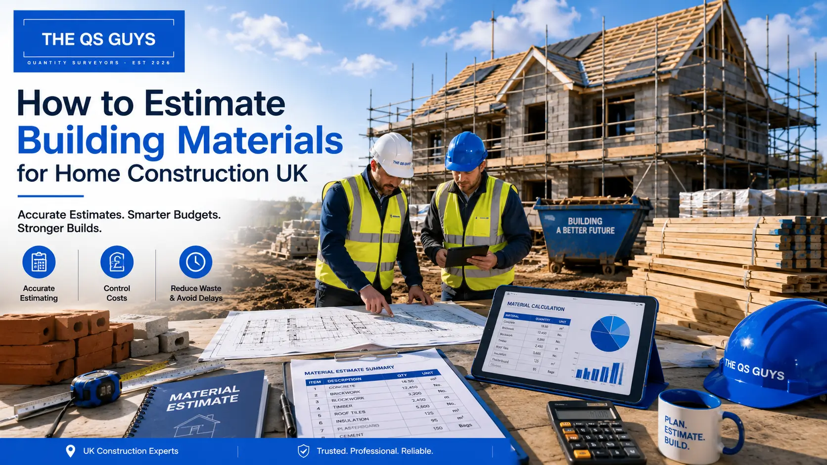 How to estimate building materials for home construction UK with builders reviewing plans and material quantities.