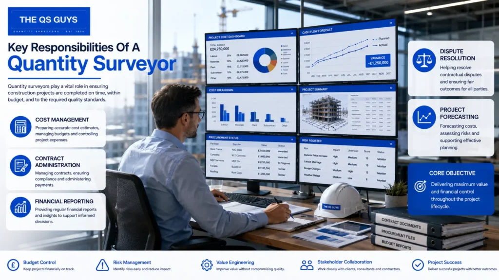 Key responsibilities of a quantity surveyor including budgeting and financial management.