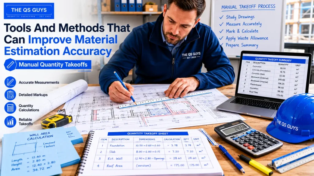 Manual quantity takeoff process for building material estimation.