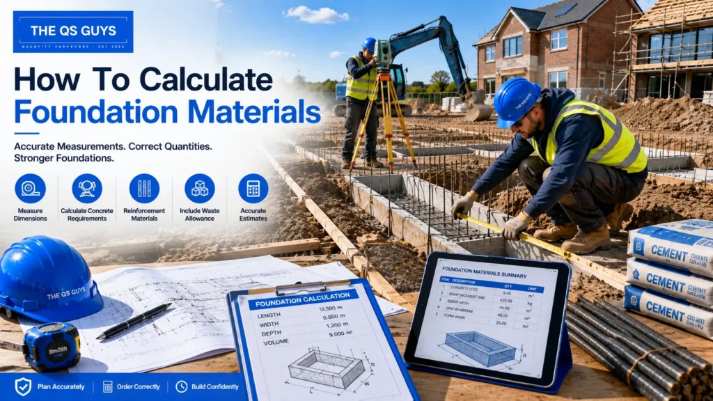 Measuring foundation dimensions for accurate construction material calculations.