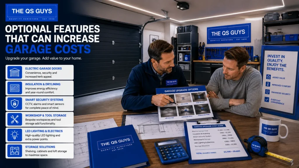 Premium garage upgrades and optional features that increase construction costs.
