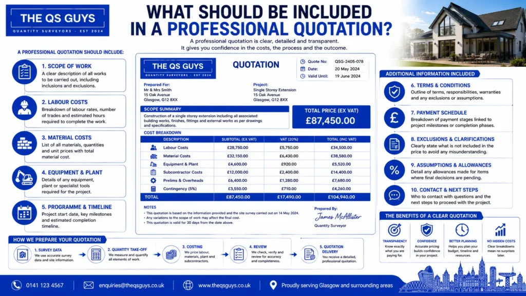 Professional quotation breakdown including costs, scope, and timelines.
