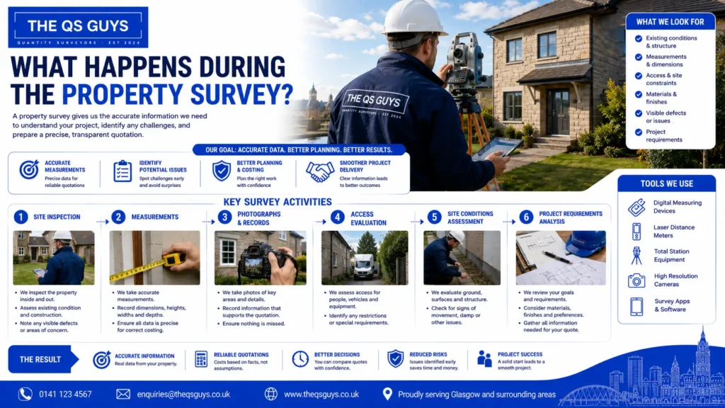 Property survey process including measurements, inspections, and site assessments.