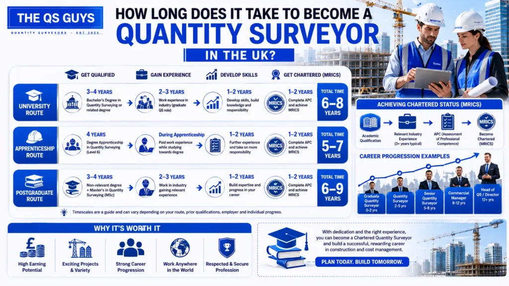 Timeline showing how long it takes to become a quantity surveyor in the UK