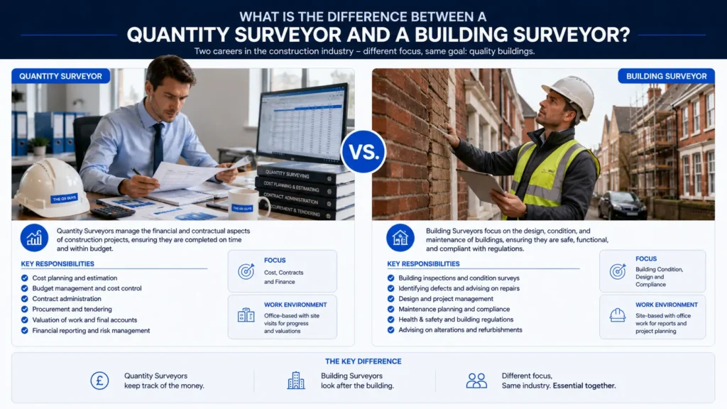 Comparison between a quantity surveyor and a building surveyor in the UK.