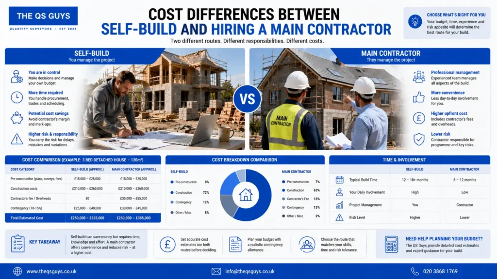 Self-build versus main contractor cost comparison for UK house projects.