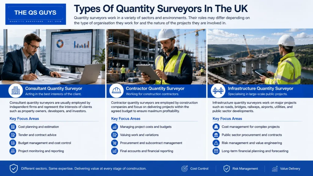 Different types of quantity surveyors working across UK construction sectors.