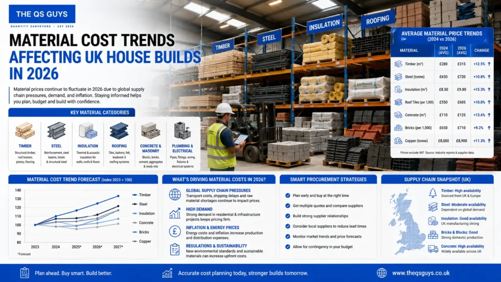 Construction material cost trends affecting UK house builds in 2026.