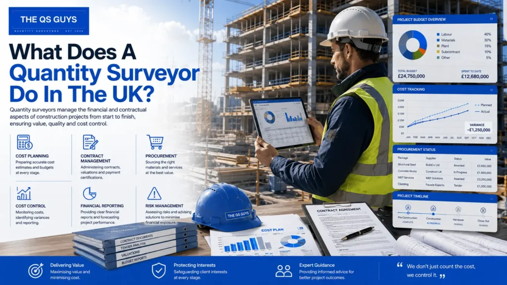 Quantity surveyor managing construction costs and contracts in the UK.