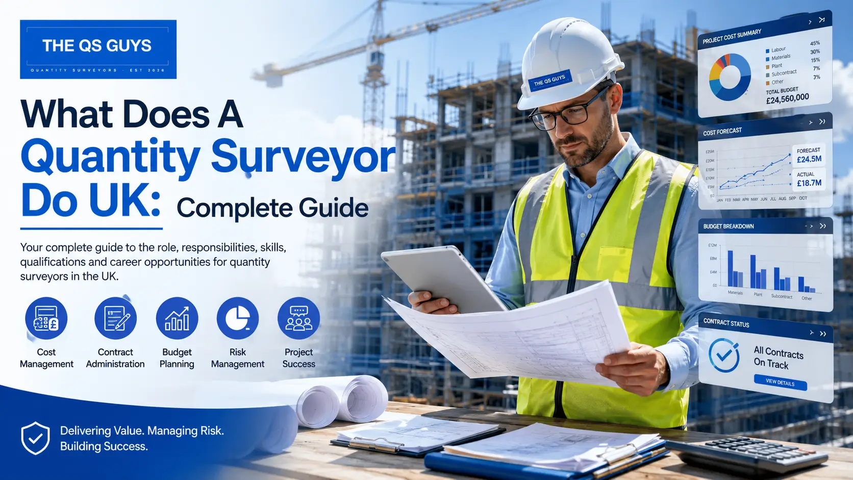 UK quantity surveyor reviewing project costs and construction plans on a commercial building site.