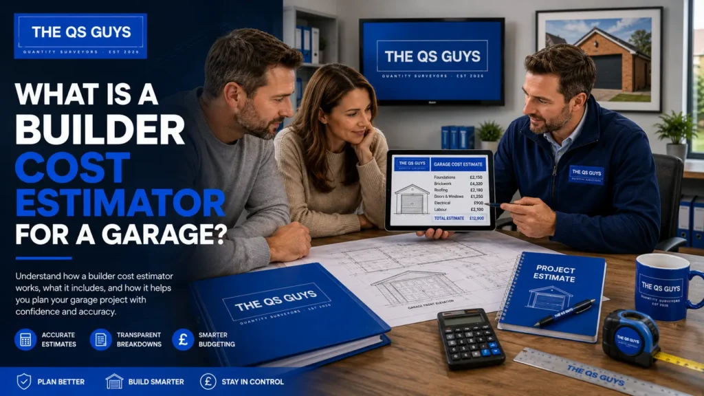 Builder explaining garage construction cost estimates to homeowners in the UK.